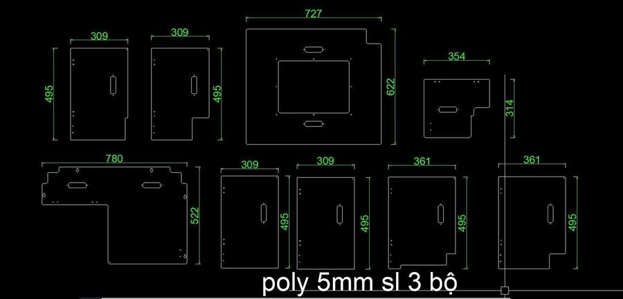 Bản vẽ DXF 9 chi tiết vỏ che máy poly 5mm, ghi số lượng 3 bộ