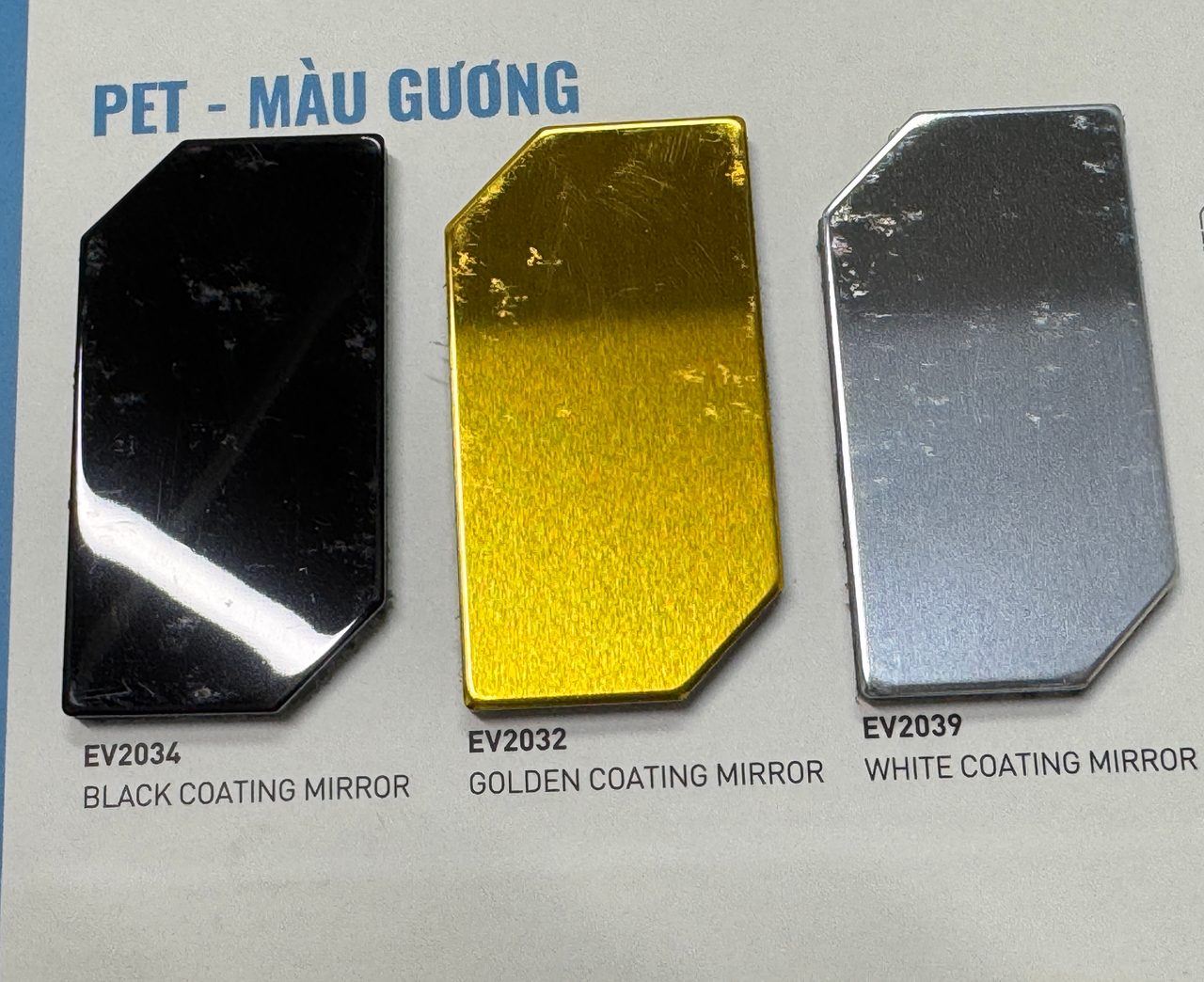 Catalogue Alcorest 2026: PET gương EV2034 BLACK COATING MIRROR, EV2032 GOLDEN COATING MIRROR, EV2039 WHITE COATING MIRROR