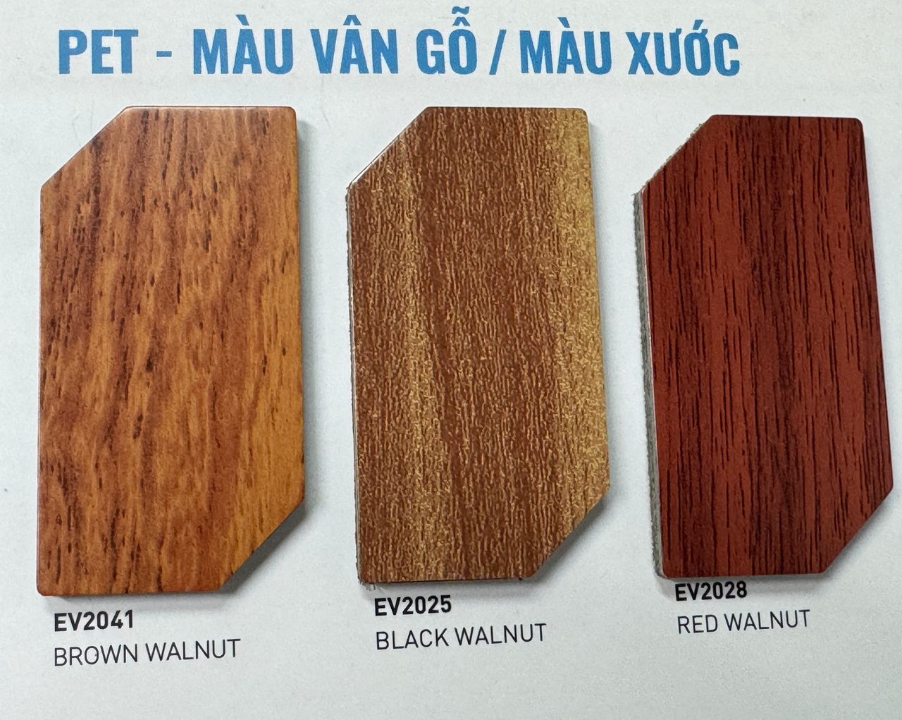 Catalogue Alcorest 2026: PET vân gỗ EV2041 BROWN WALNUT, EV2025 BLACK WALNUT, EV2028 RED WALNUT