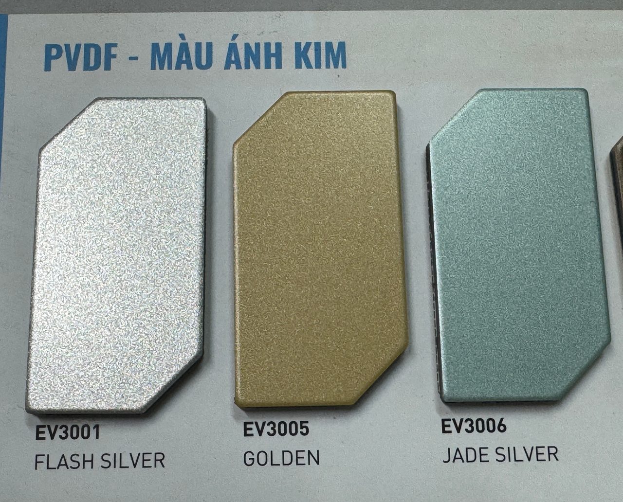 Catalogue Alcorest 2026: PVDF ánh kim EV3001 FLASH SILVER, EV3005 GOLDEN, EV3006 JADE SILVER