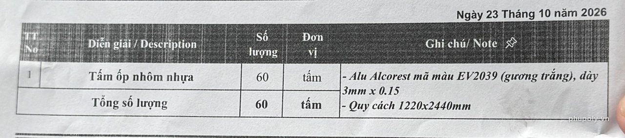 Bảng hàng trên biên bản giao 60 tấm Alu Alcorest gương trắng EV2039 dày 3mm, ngày 23/10/2026