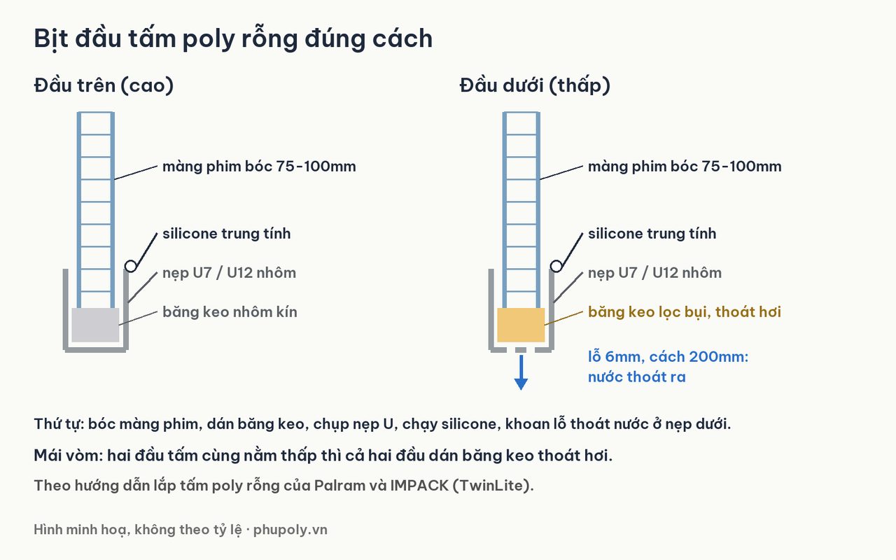 Hình vẽ bịt đầu trên và đầu dưới tấm poly rỗng bằng băng keo, nẹp U, silicone