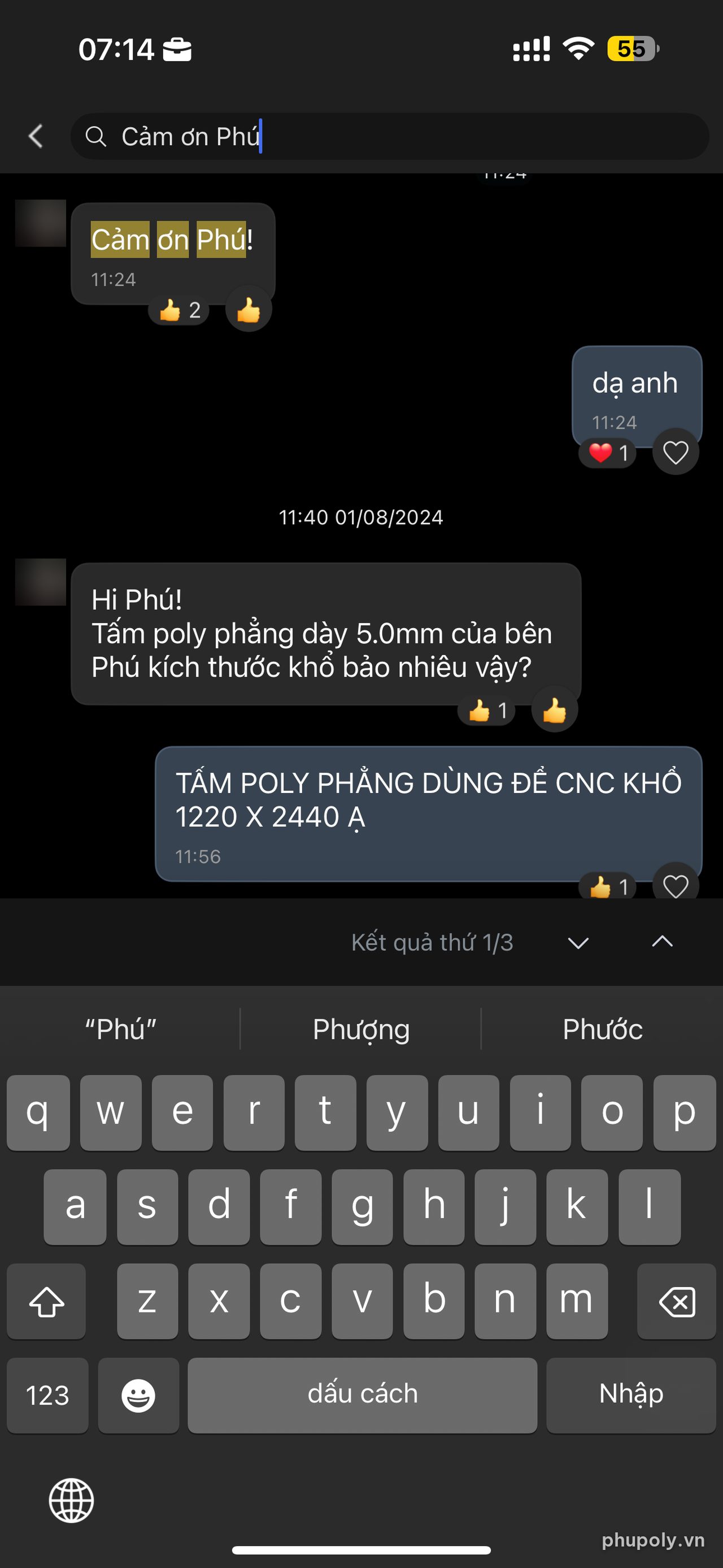Khách cảm ơn Phú, sau đó hỏi khổ tấm poly phẳng 5mm cắt CNC