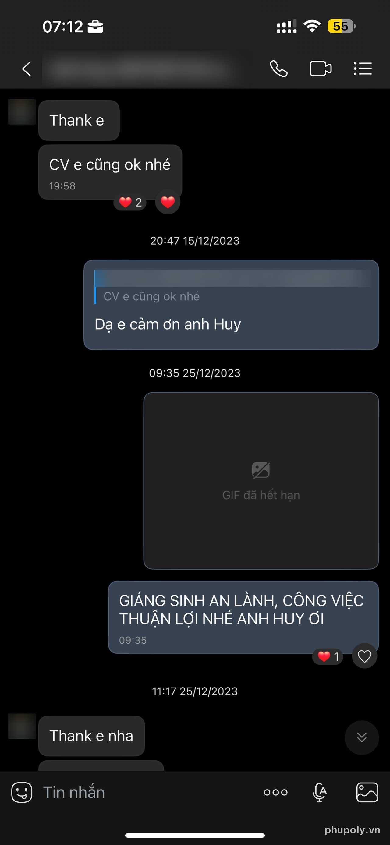 Tin nhắn khách thầu nhận xét công việc ổn, cảm ơn Phú Poly