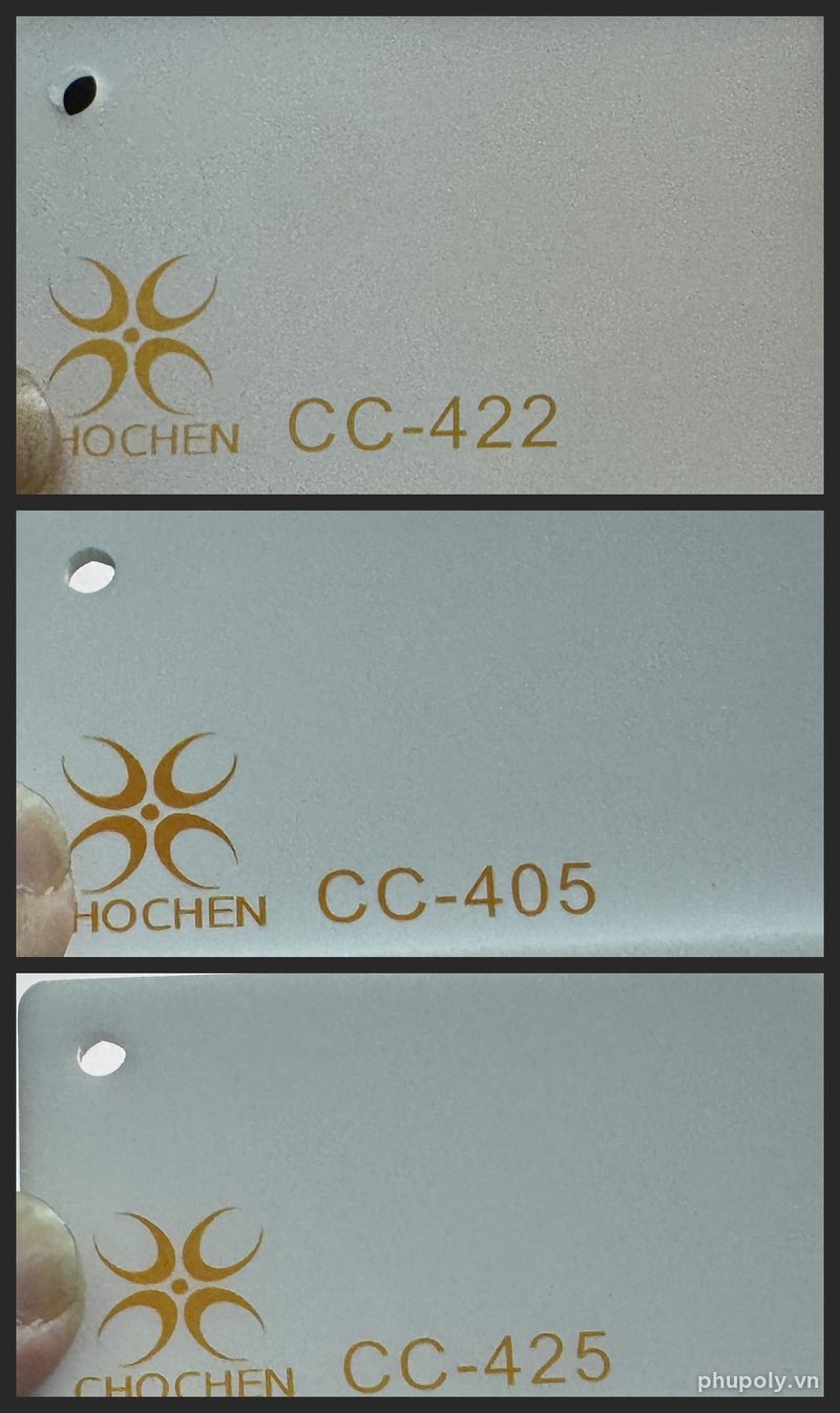 Ba mẫu màu mica trắng Chochen CC-422 cháo, CC-405 sành, CC-425 sữa xếp từ trên xuống