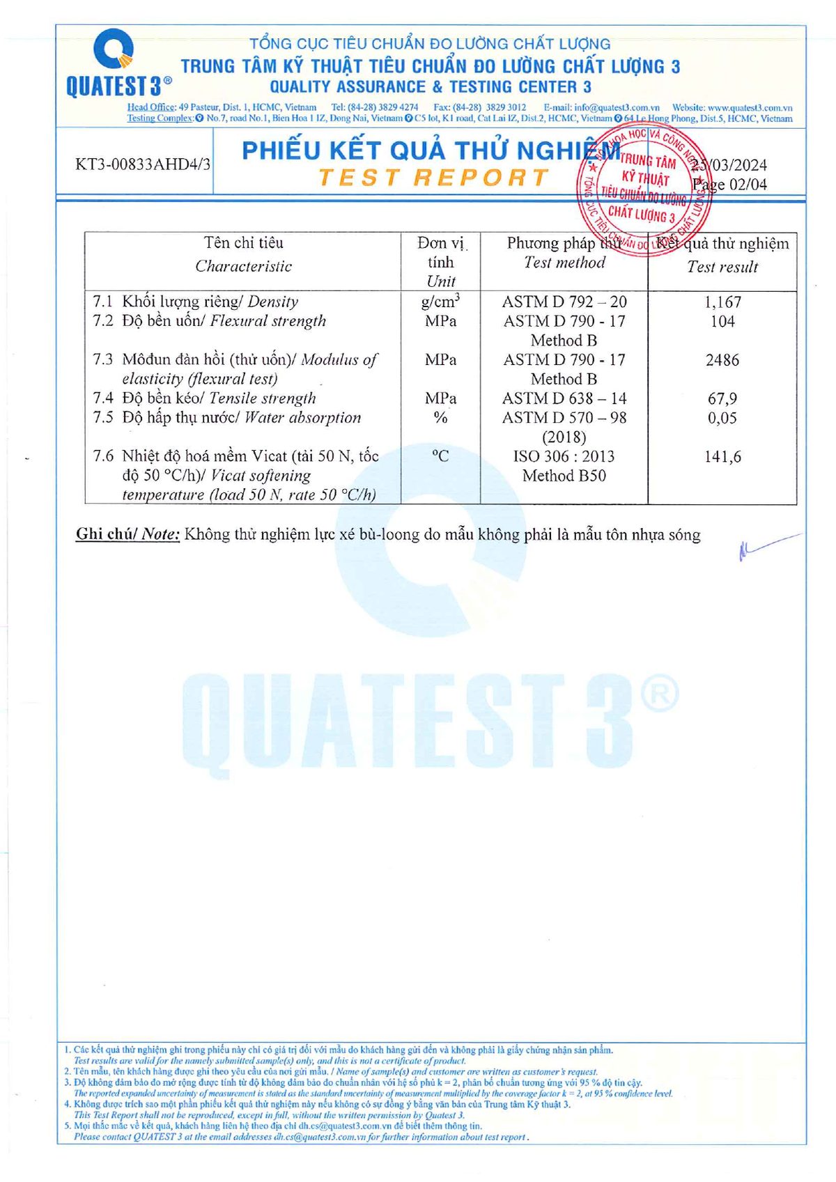 Phiếu kết quả thử nghiệm Quatest 3, trang 2: khối lượng riêng, độ bền uốn, độ bền kéo, hấp thụ nước, Vicat