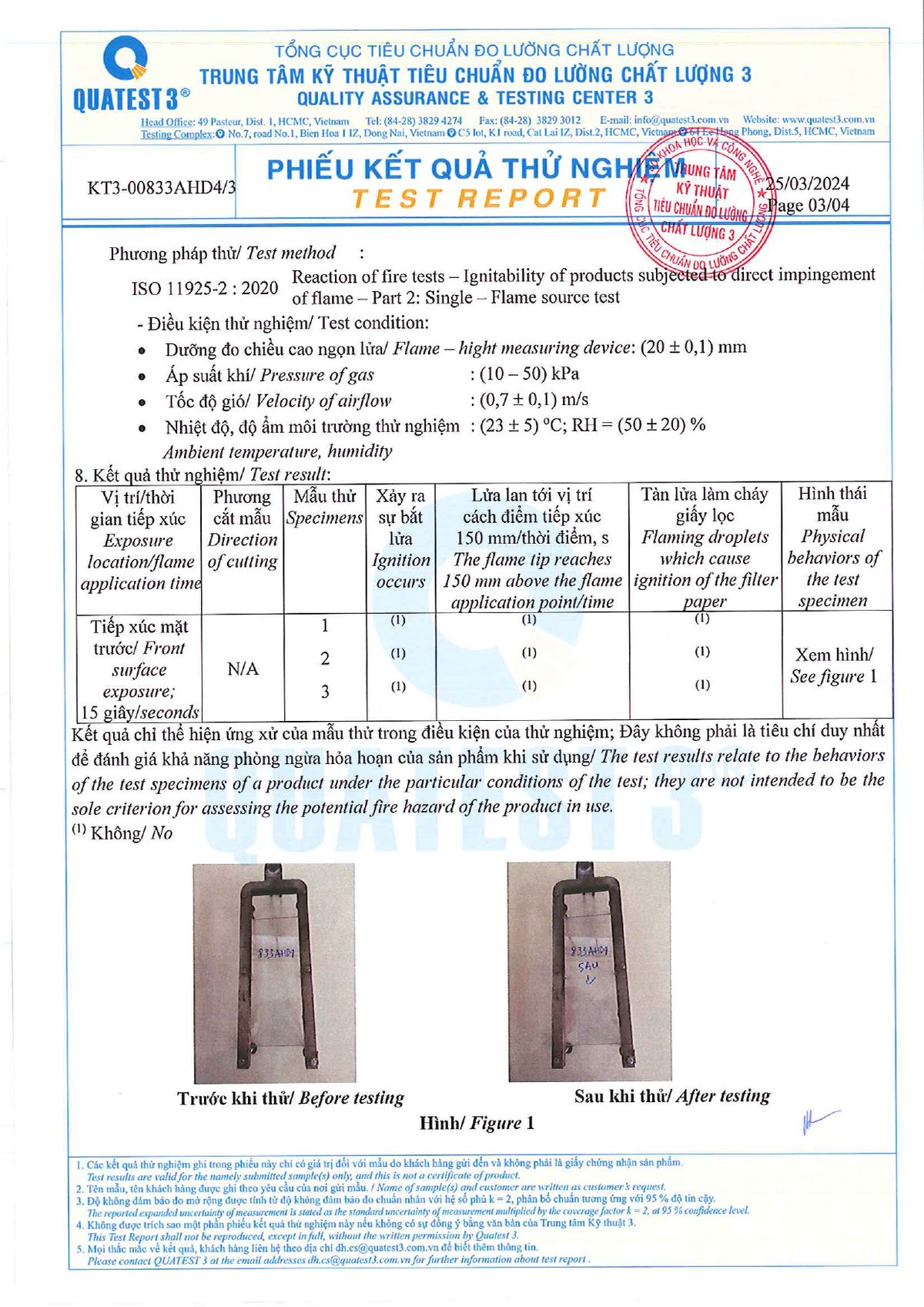 Phiếu kết quả thử nghiệm Quatest 3, trang 3: thử bắt lửa theo ISO 11925-2
