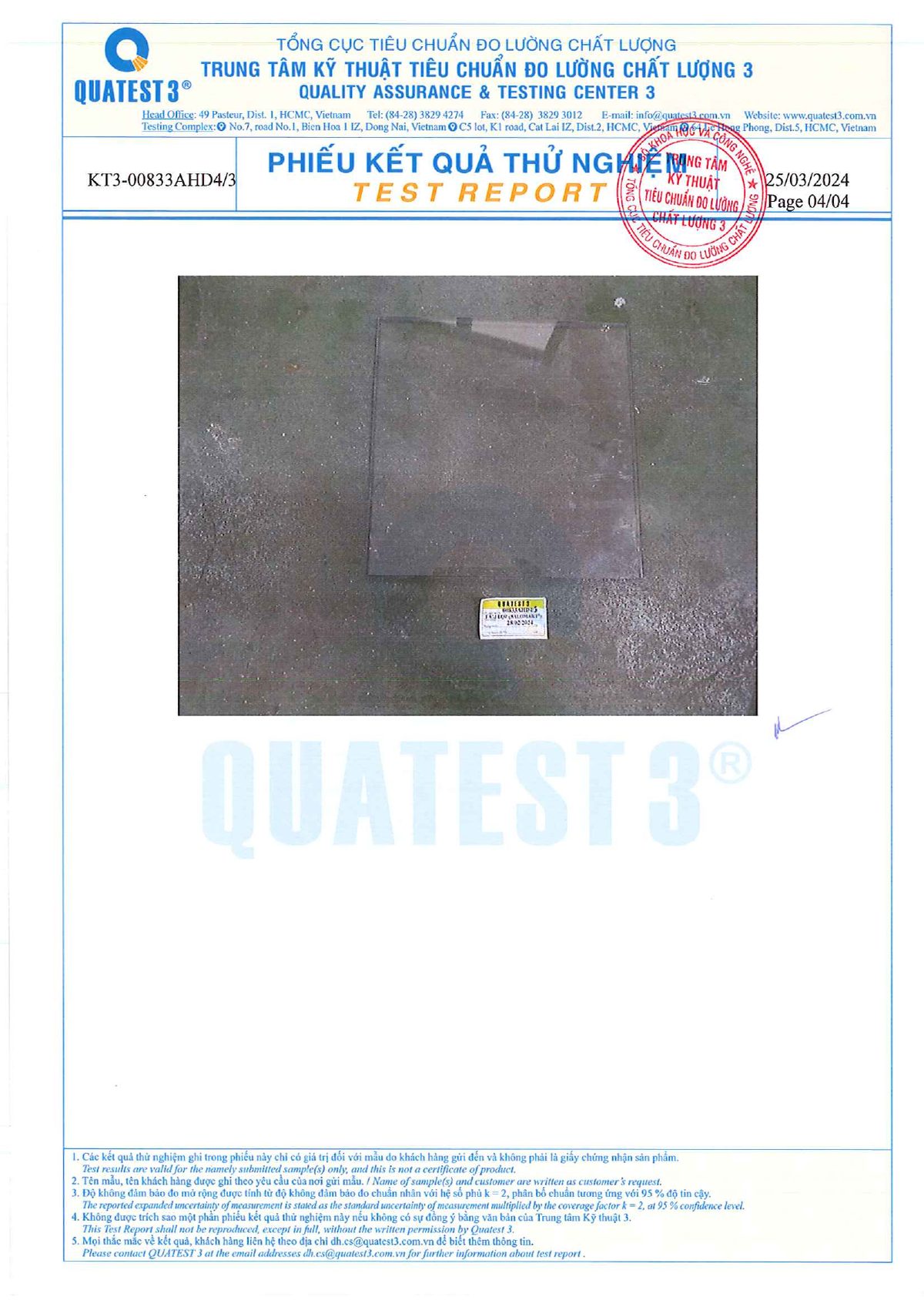 Phiếu kết quả thử nghiệm Quatest 3, trang 4: ảnh mẫu thử