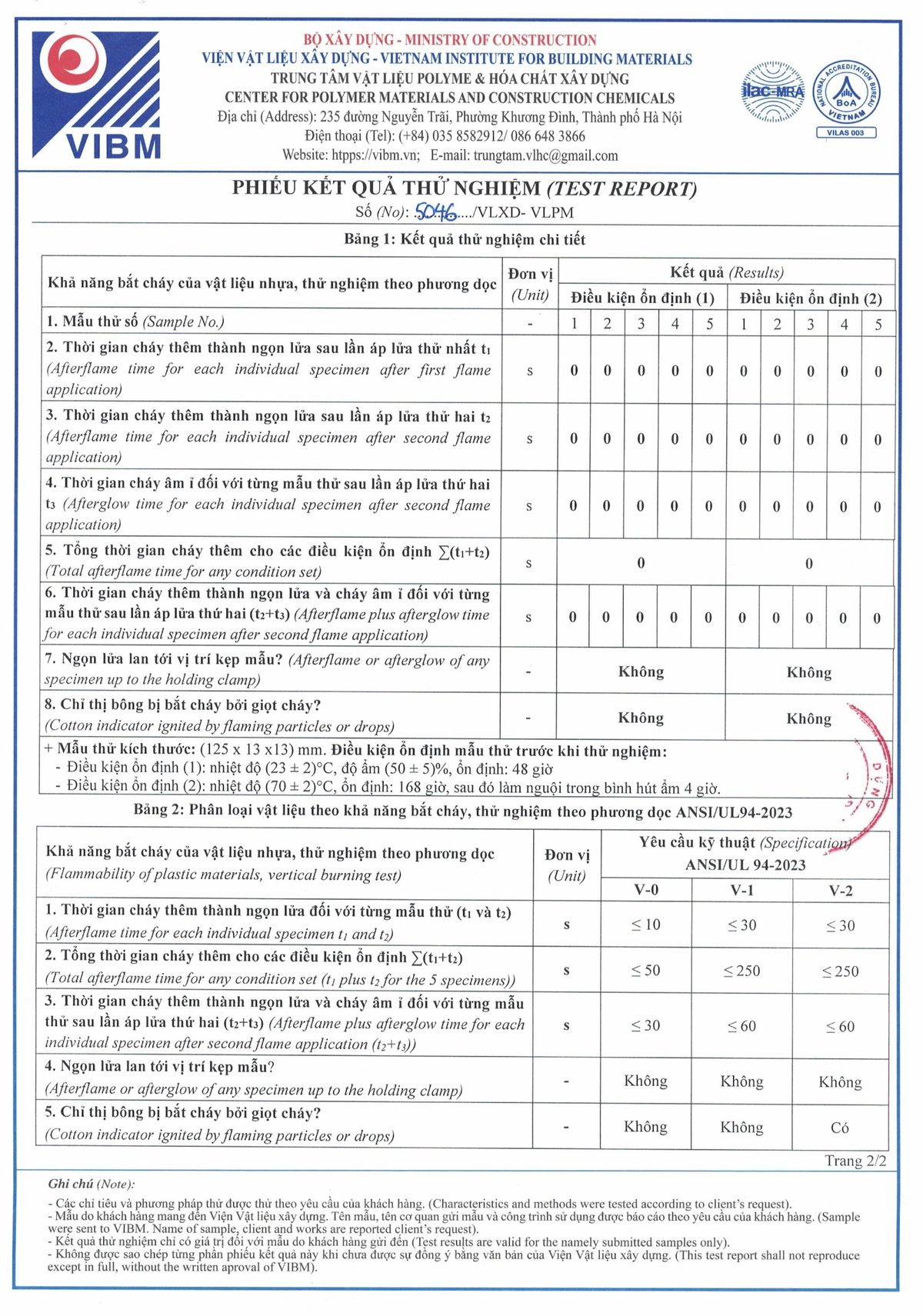Trang 2 phiếu kết quả thử nghiệm Viện Vật liệu xây dựng số 5046: thử cháy UL94 phương đứng tấm poly SolMart 10mm