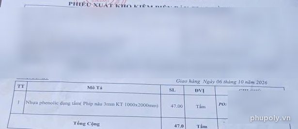 Phiếu xuất kho 47 tấm nhựa phenolic dạng tấm phíp nâu 3mm, đã che thông tin khách