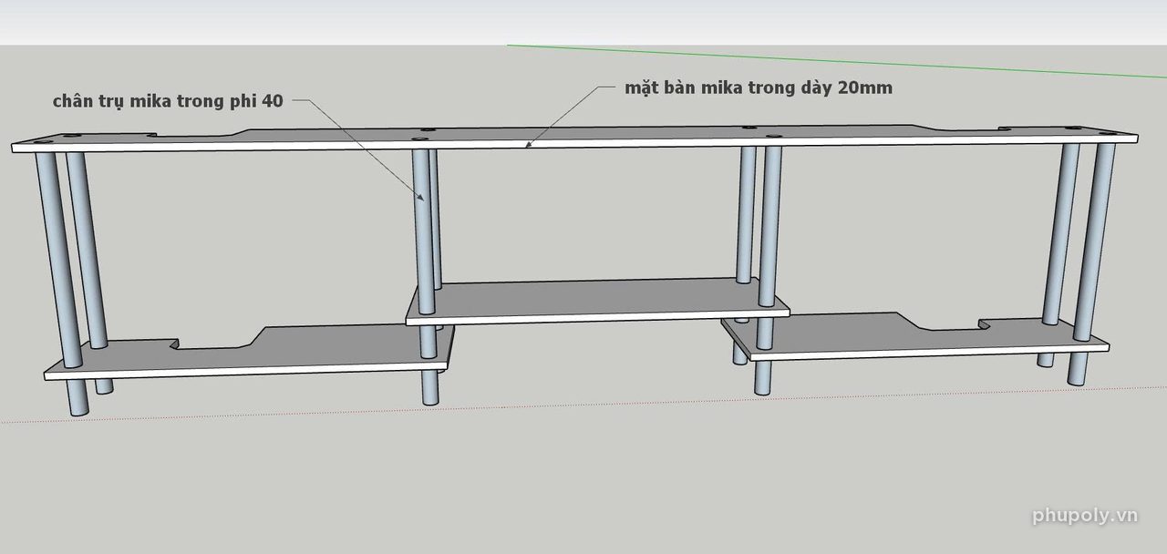 Phối cảnh kệ mica: mặt bàn mica trong 20mm, chân trụ mica phi 40