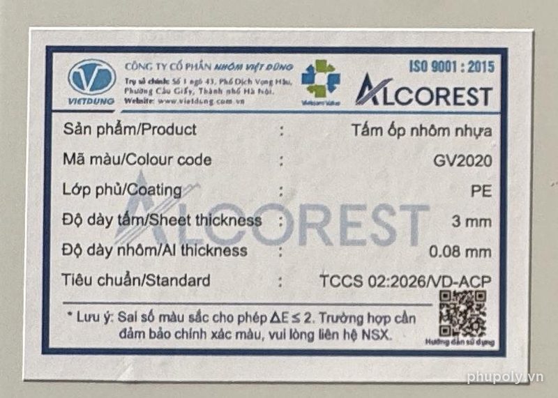 Tem gốc Alcorest trên tấm mẫu GV2020 ghi lớp phủ PE, dày tấm 3mm, độ dày nhôm 0,08mm