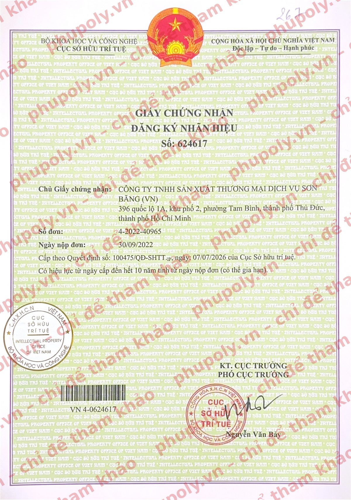 Giấy chứng nhận đăng ký nhãn hiệu SolMart số 624617 do Cục Sở hữu trí tuệ cấp cho Sơn Băng