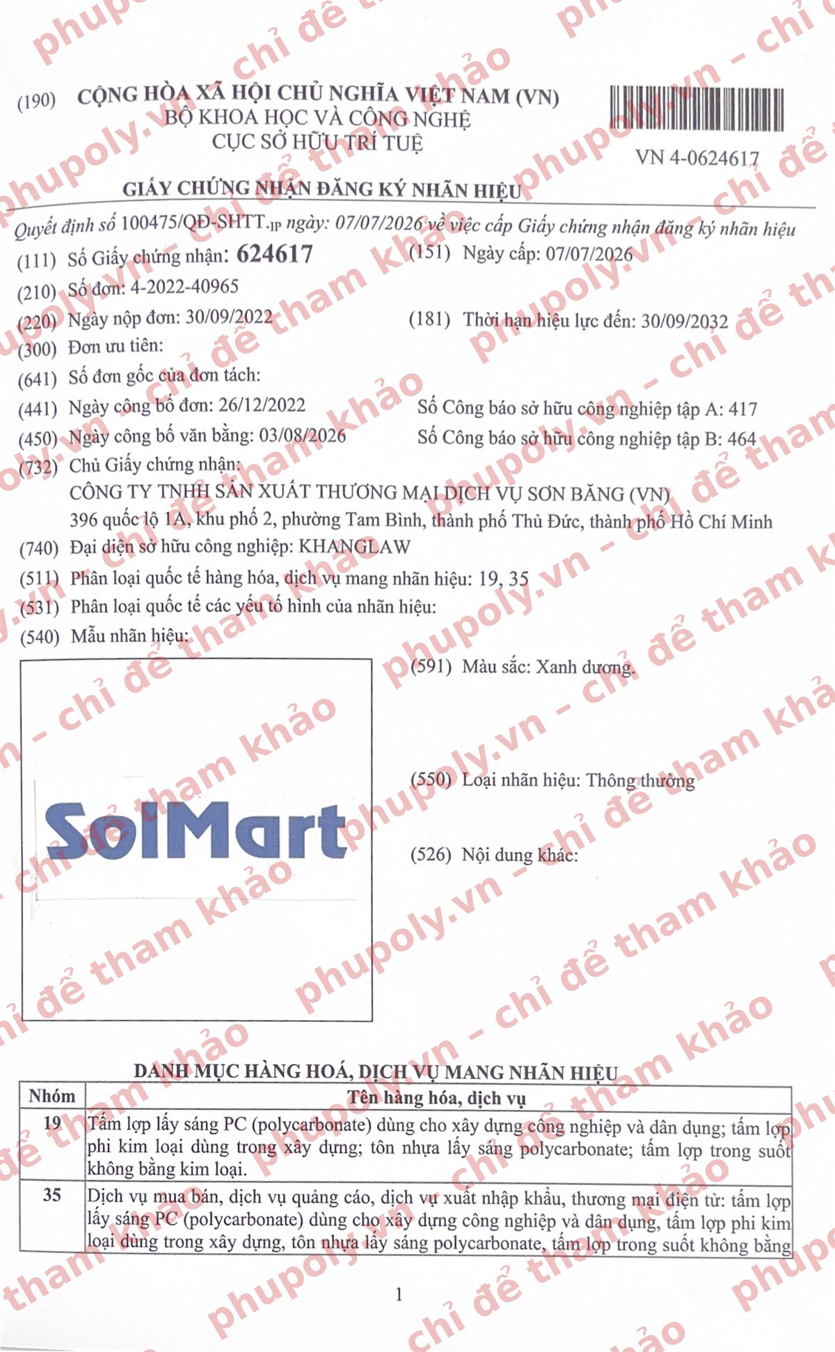 Trang thông tin chi tiết văn bằng nhãn hiệu SolMart: mẫu nhãn, màu xanh dương, nhóm 19 và 35